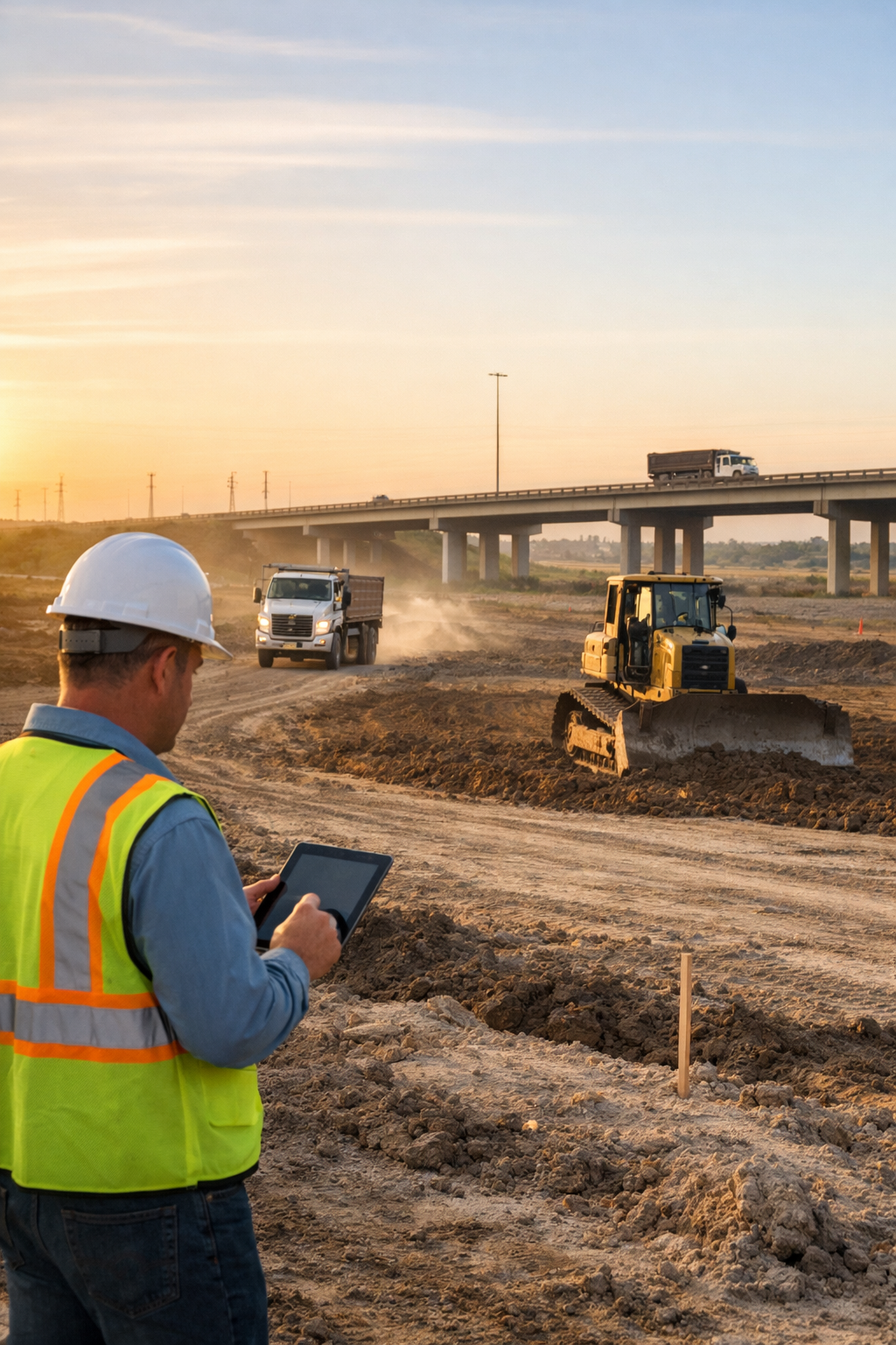 Contractor reviewing bulk material sourcing options at Houston construction site with dump trucks delivering fill dirt. Comparison between Borrow-Pit vs Traditional Material Suppliers.