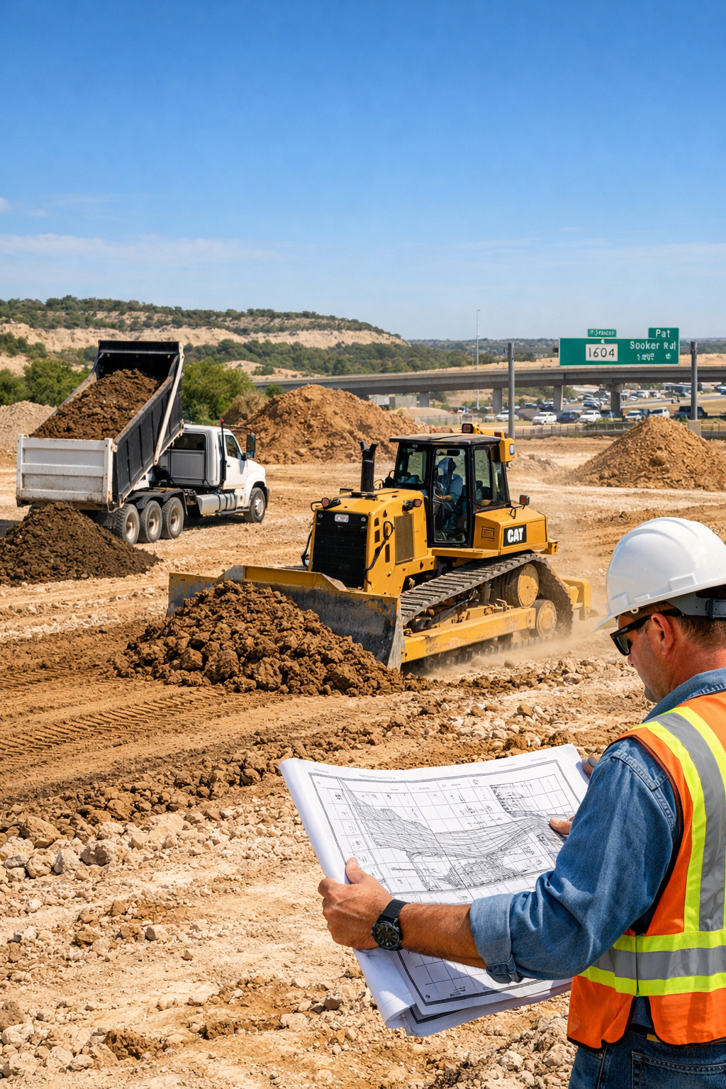 Buy bulk fill dirt in San Antonio, TX at construction site with dump trucks and grading equipment.