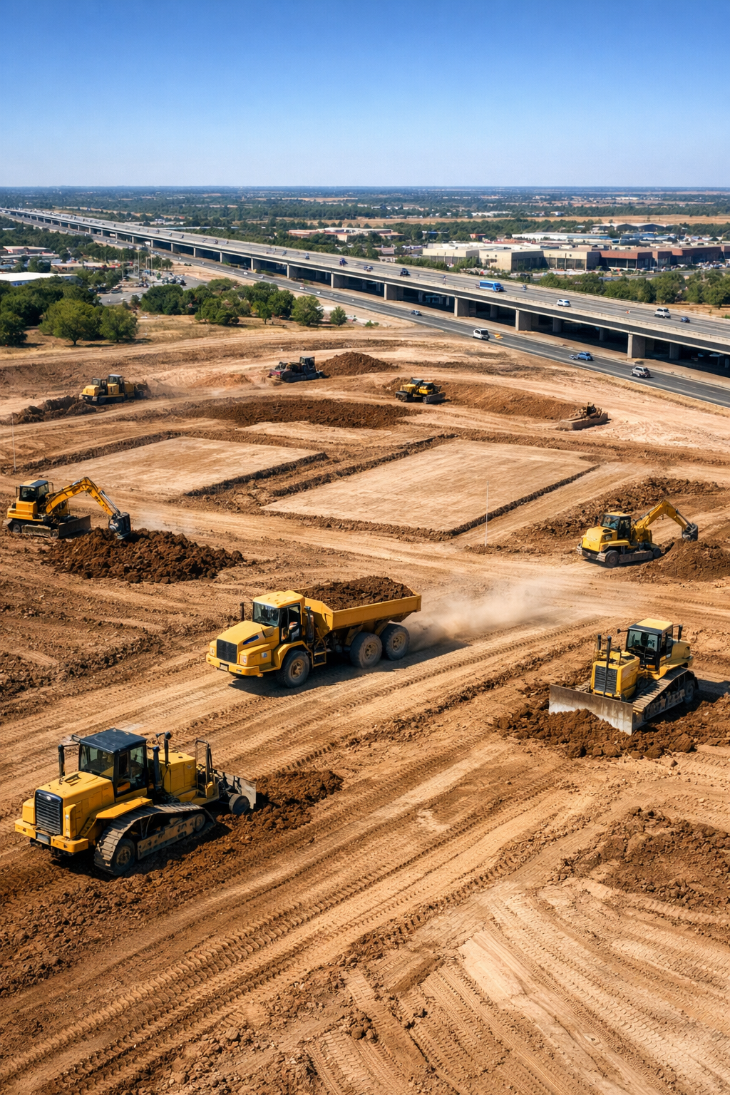 Fill dirt for large-scale development in San Antonio being graded across a commercial construction site.