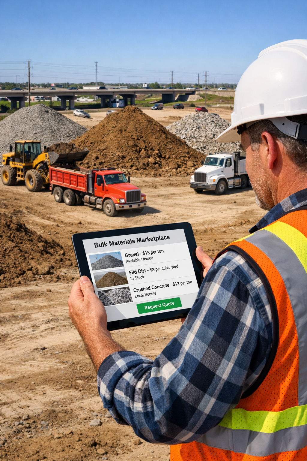 Contractor using an online marketplace to buy and sell bulk materials at an active construction site.