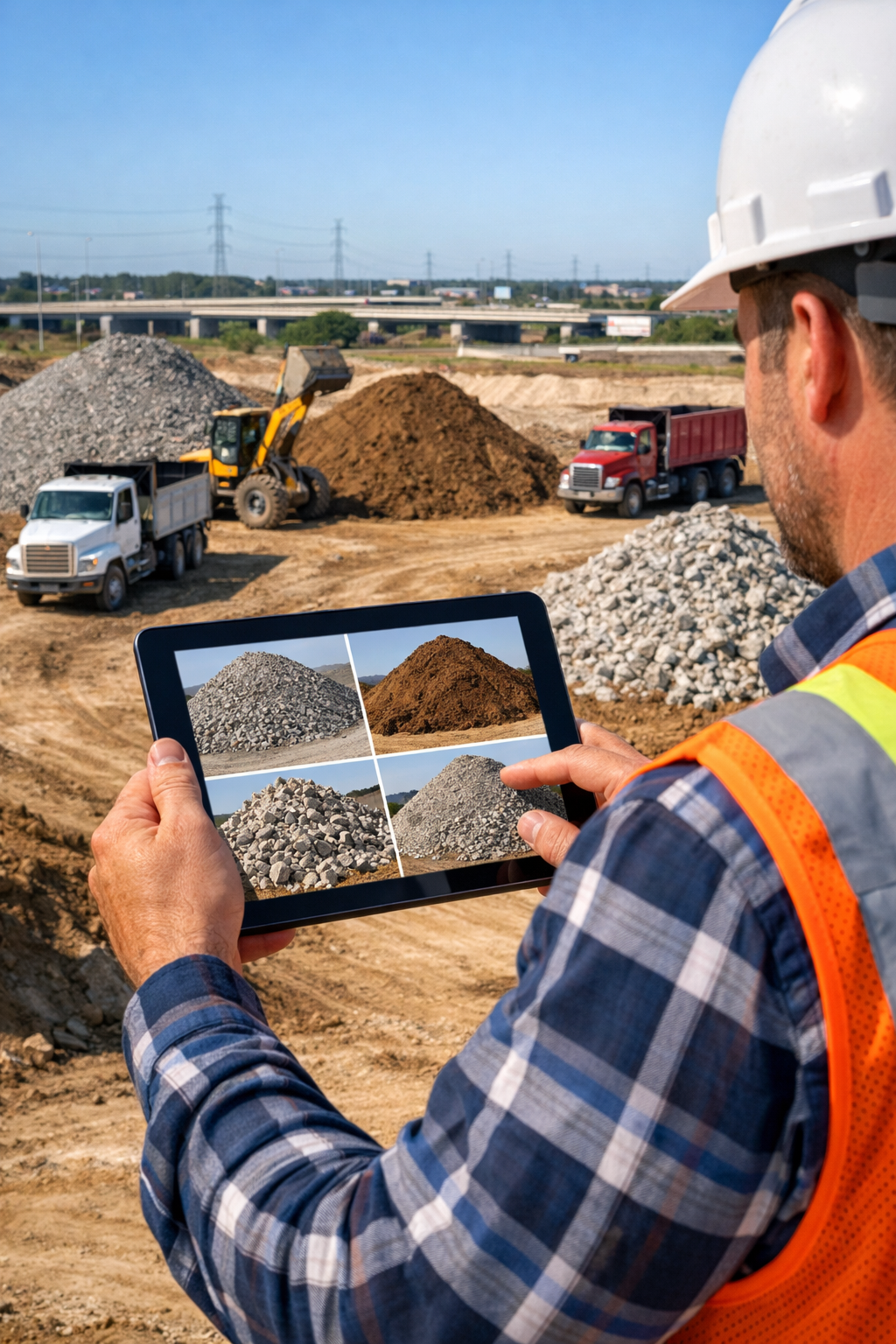 Contractor using an online marketplace to buy and sell bulk materials at an active construction site.