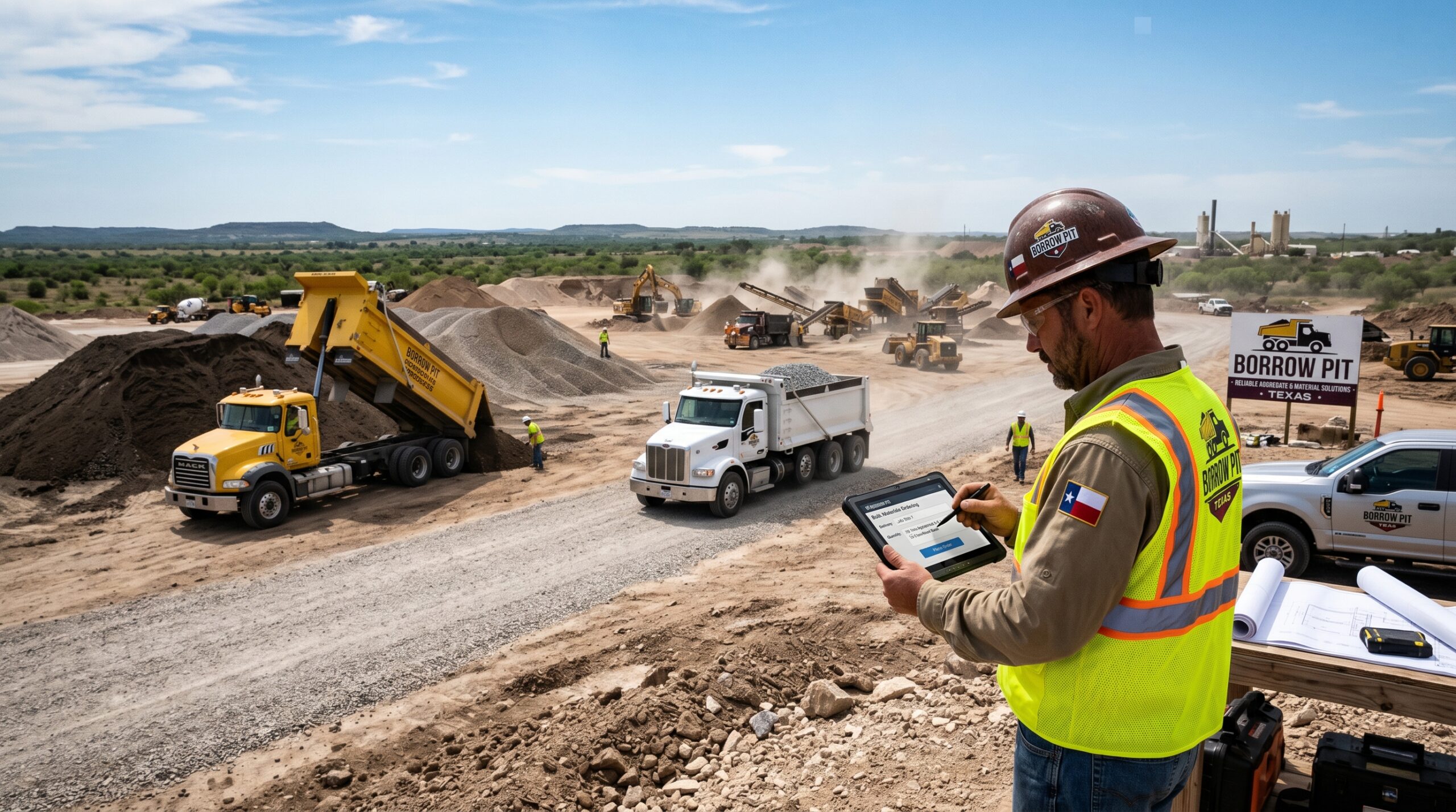 Buy bulk construction materials online in Texas using a digital platform with delivery trucks supplying a large construction site.