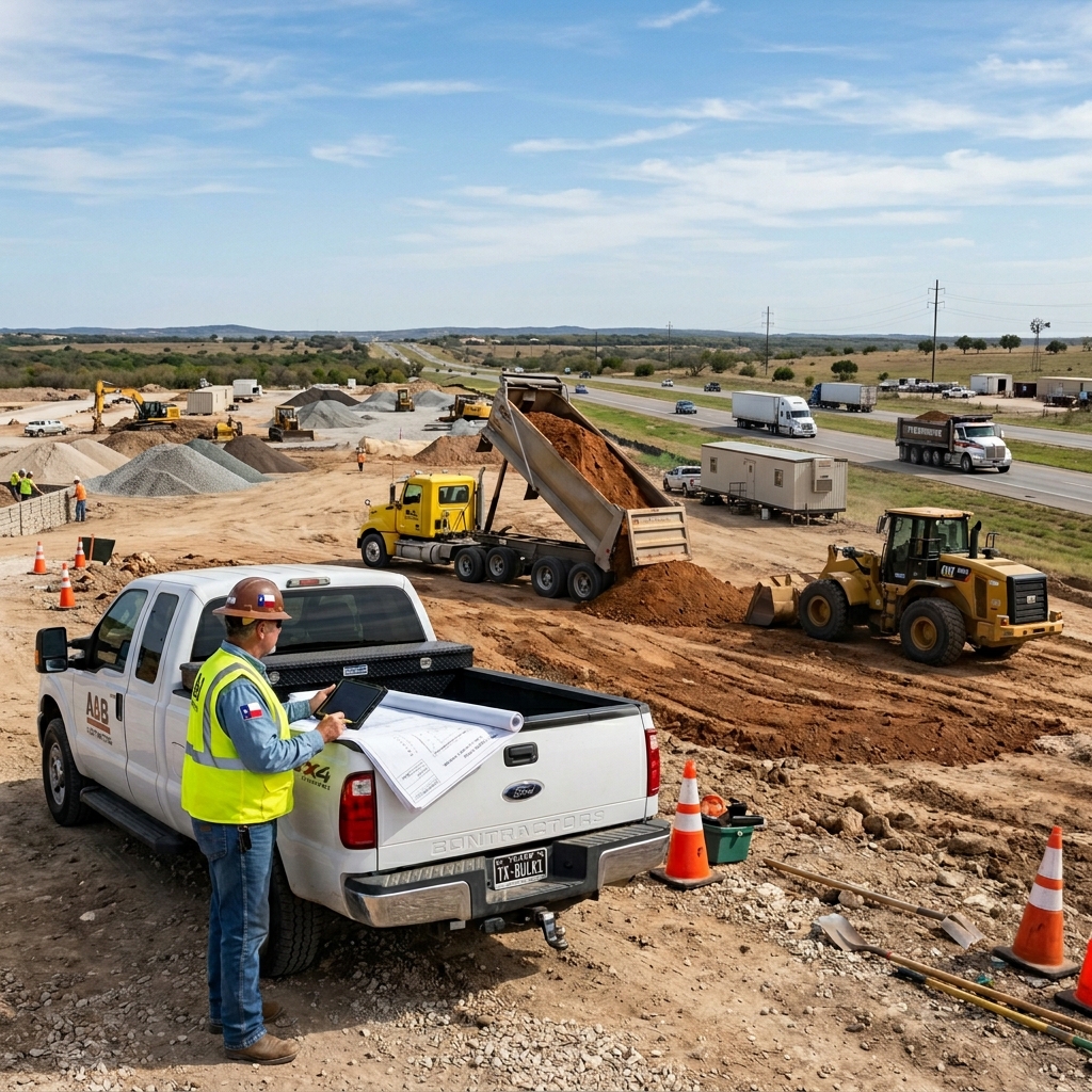 Bulk fill dirt cost in Texas shown through delivery, hauling distance, and site grading at a construction project.