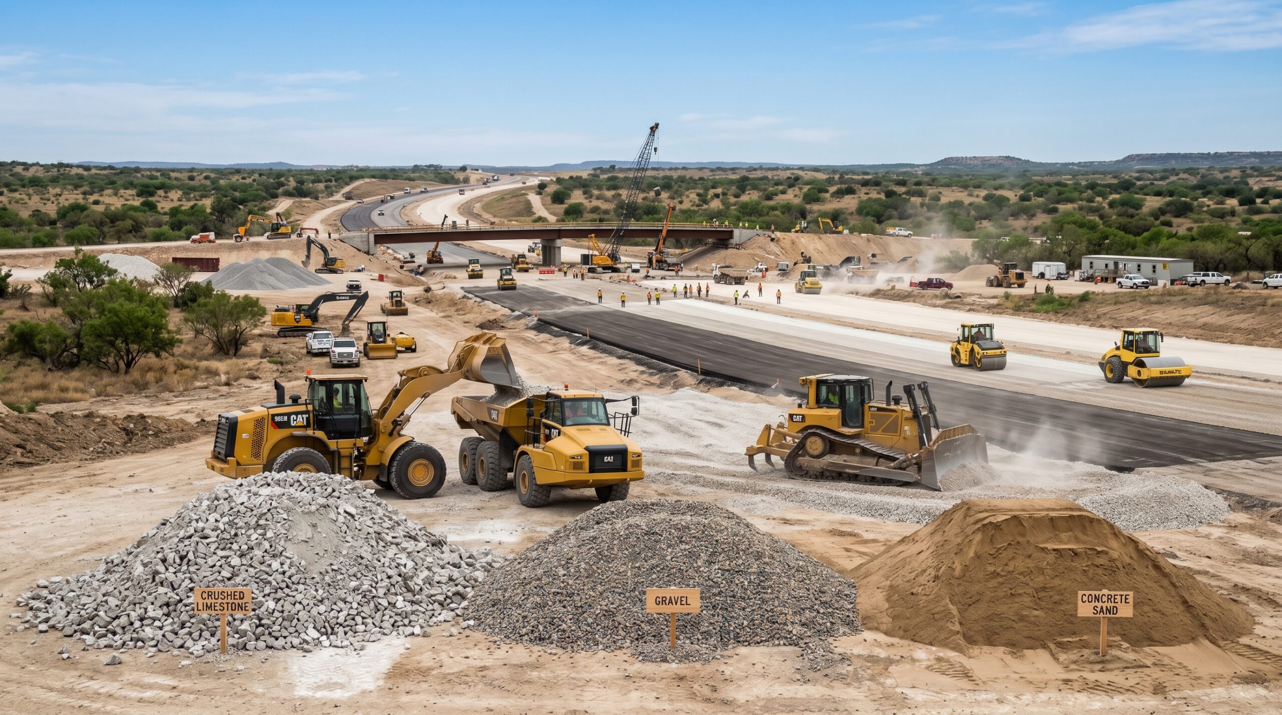 construction aggregates used across Texas job sites including crushed limestone, gravel, and sand at an active construction site.