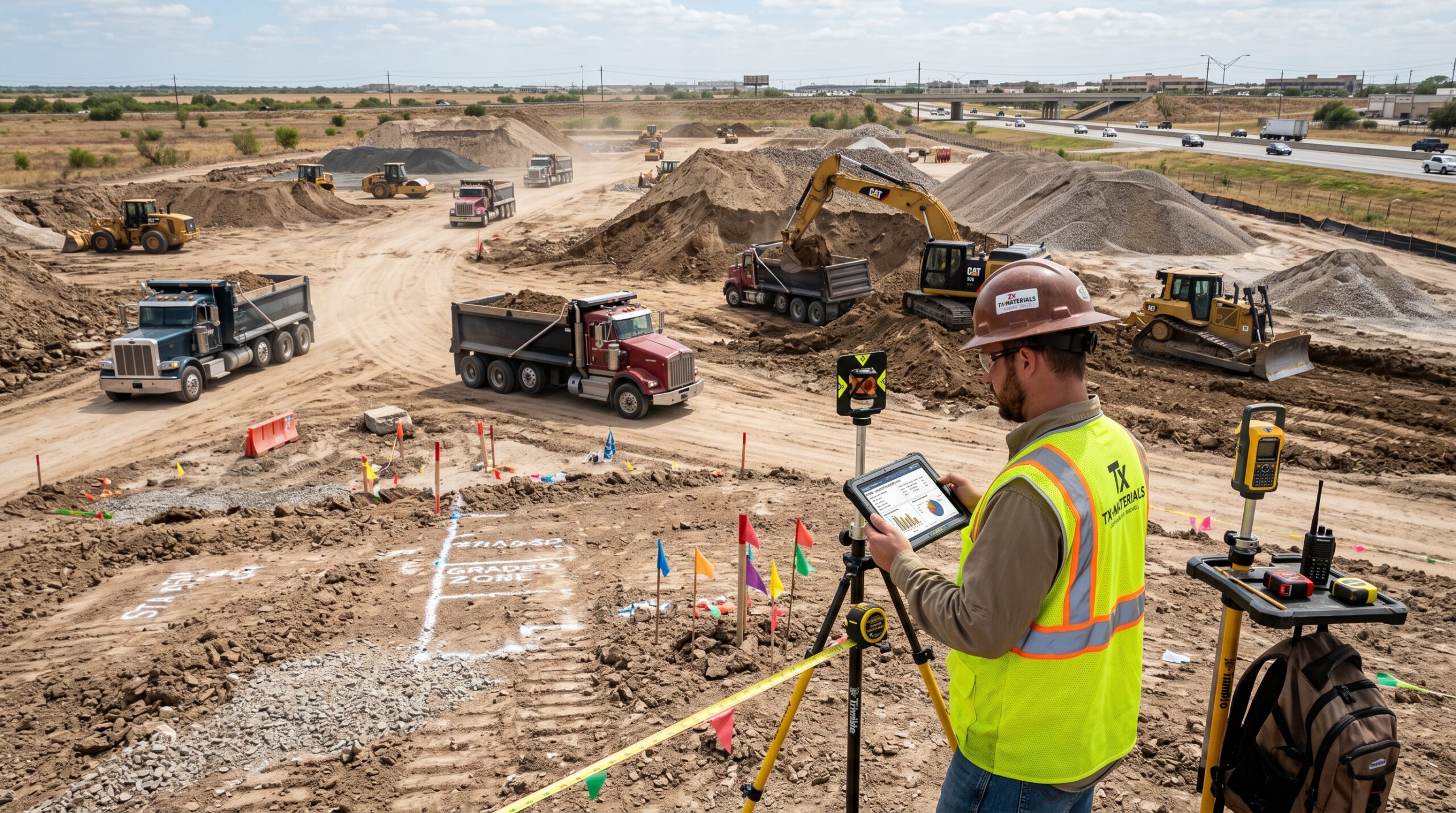 Bulk material quantities for Texas construction projects being measured and calculated on a job site.