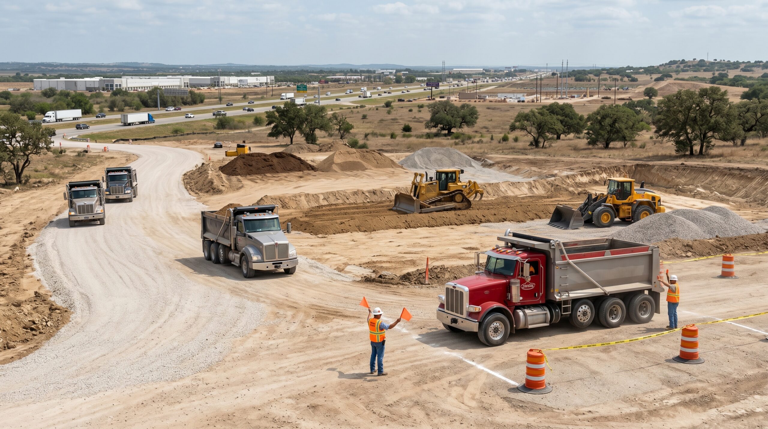 Bulk material delivery in Texas with dump trucks unloading dirt and aggregates at a prepared construction job site.