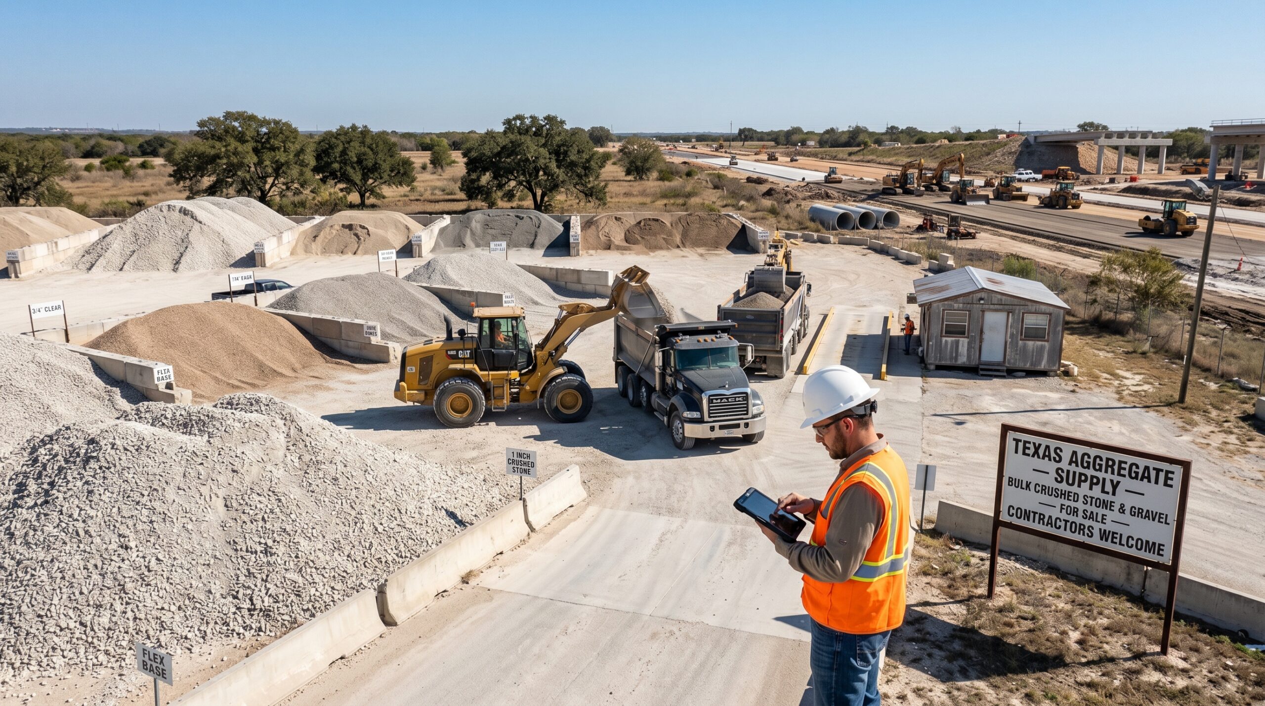 Selling construction aggregates in Texas with gravel and crushed stone being loaded onto trucks at a job site.