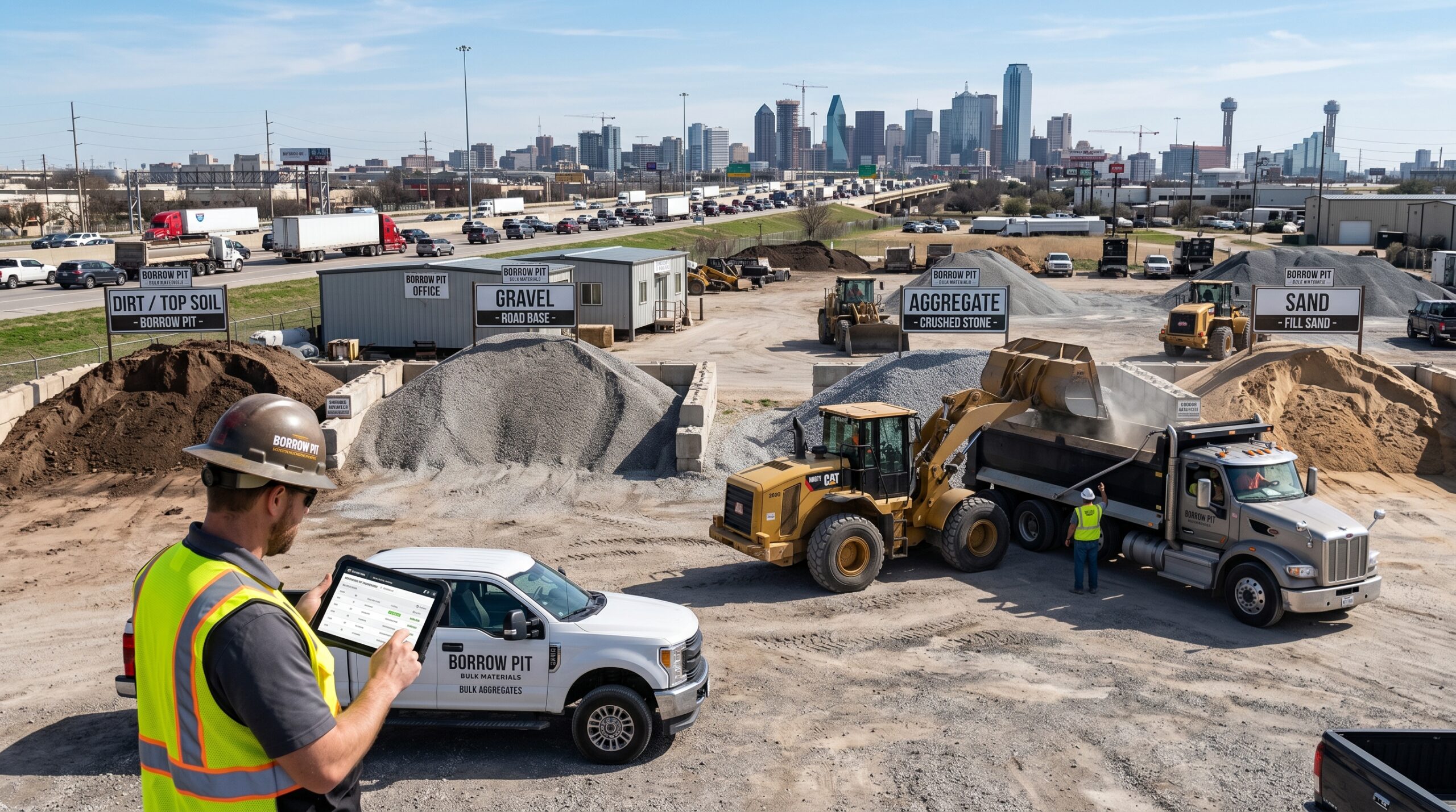 Bulk material listings in Texas with organized aggregates and active loading operations for faster sales.