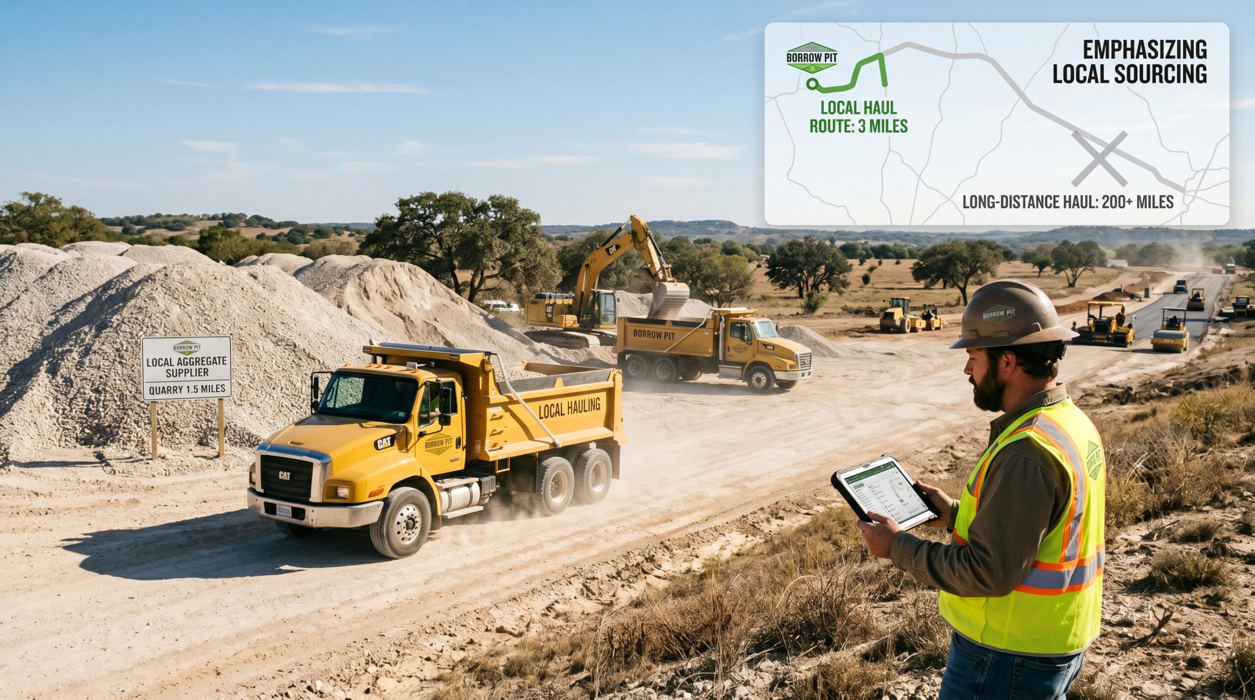 Local material sourcing in Texas showing nearby aggregate delivery to a construction site with reduced hauling distance.