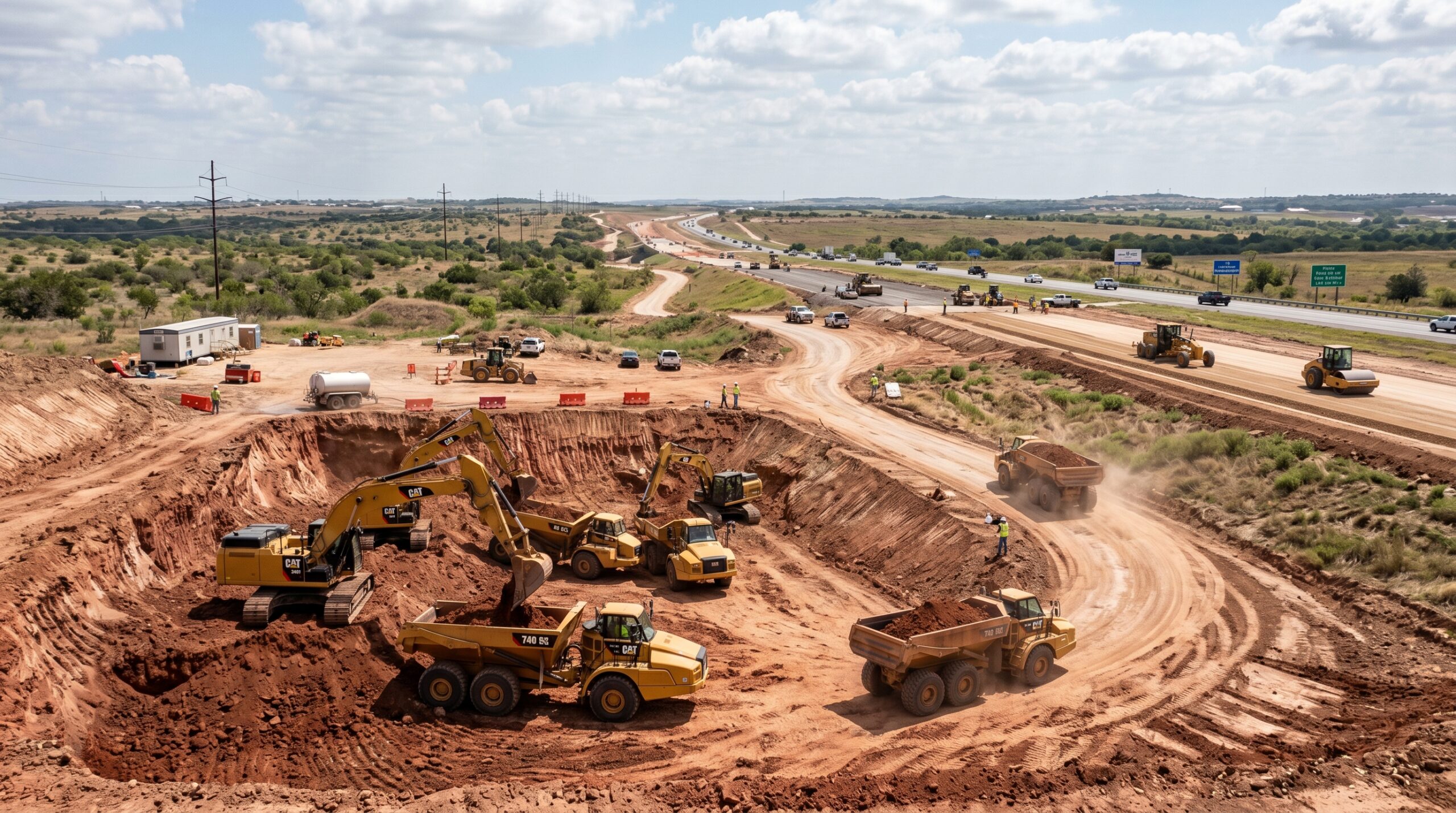 Role of borrow pits in Texas infrastructure development showing excavation and material transport to a highway construction site.