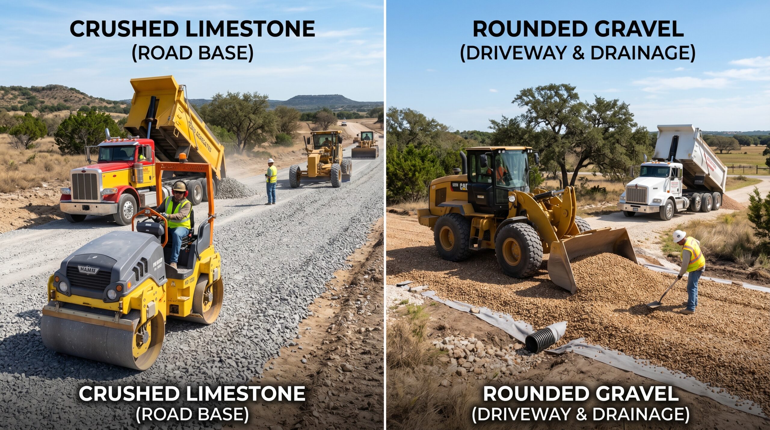 Crushed Stone vs Gravel in Texas showing compacted limestone and loose gravel for construction use.