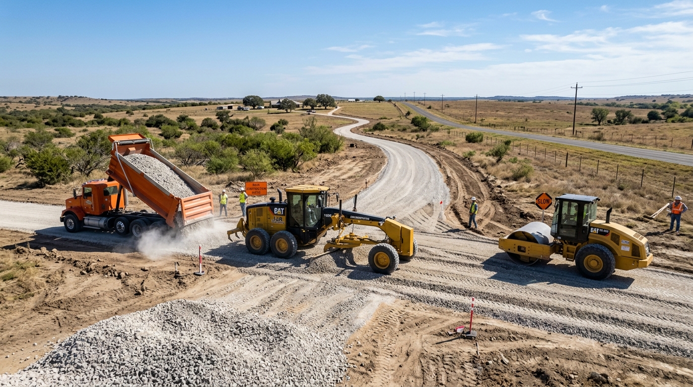 Buy bulk gravel in Texas for driveway and access road construction with dump trucks and grading equipment.