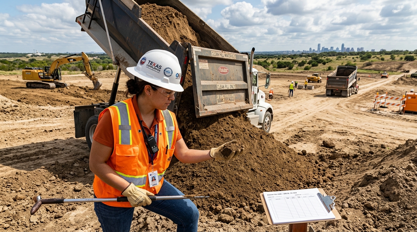 Clean fill dirt Texas being inspected at a construction site for quality and compliance.