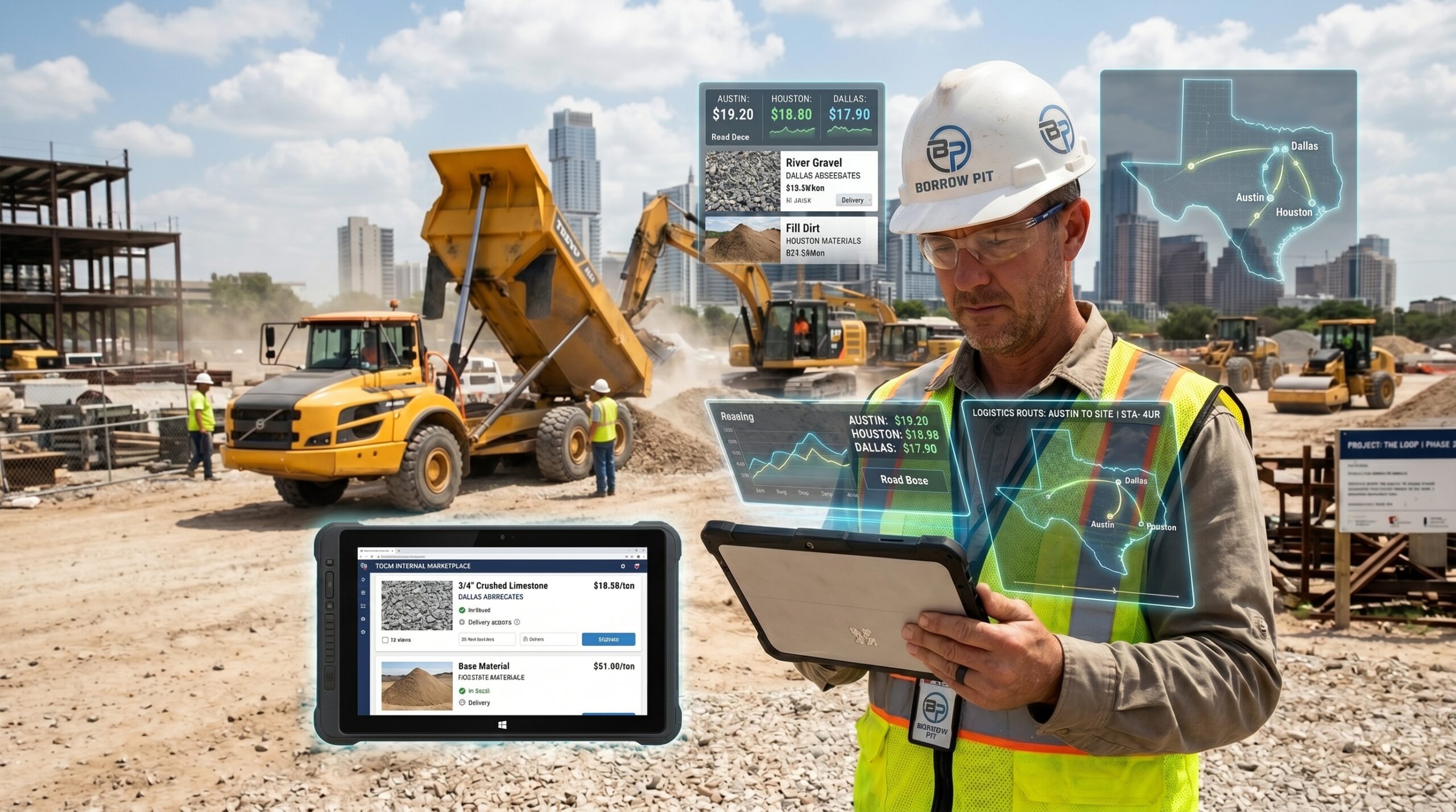 Online material marketplaces in Texas showing a contractor sourcing construction materials digitally with active job site delivery.