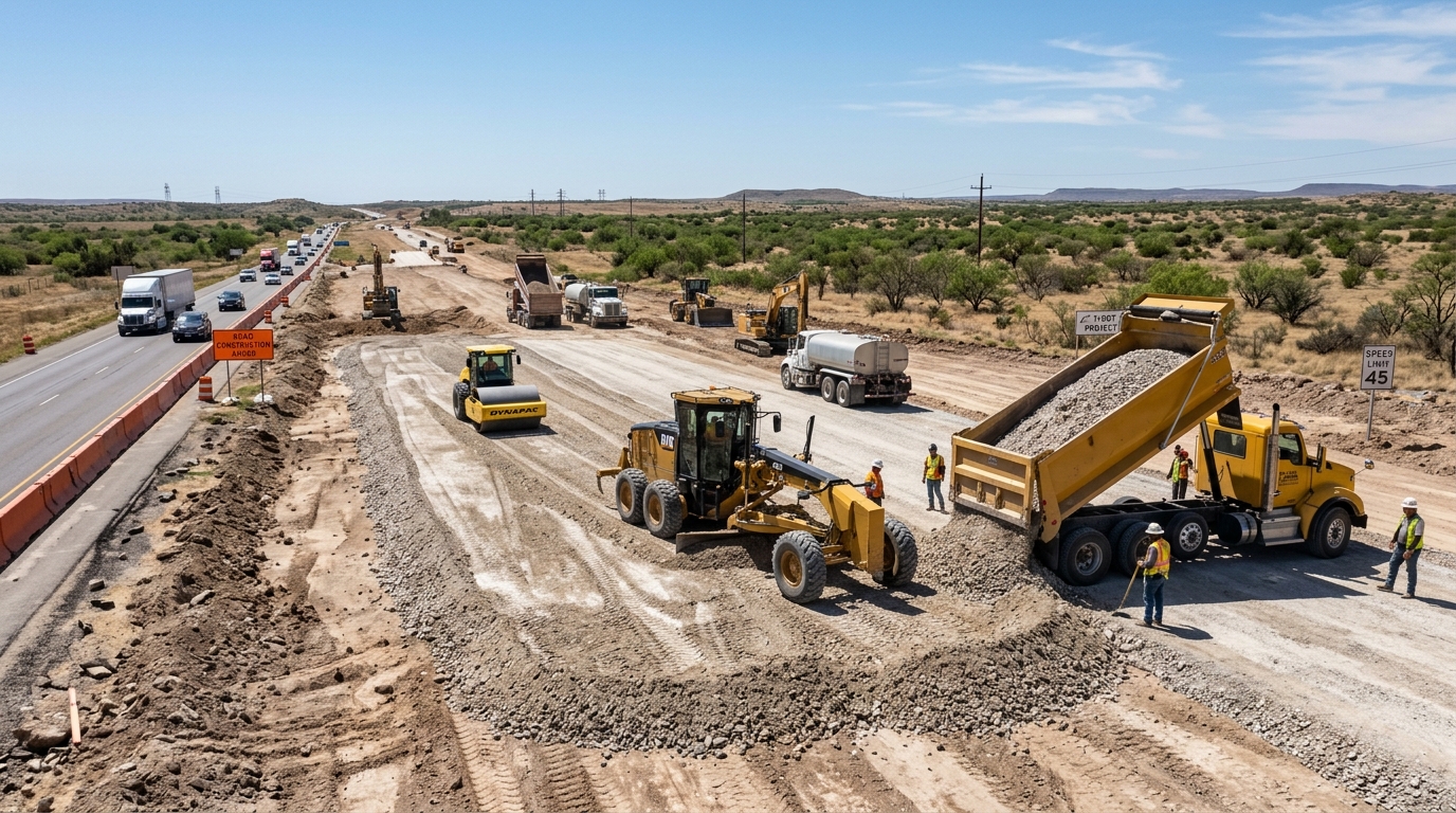 Best aggregates for road construction projects in Texas with crushed limestone and gravel layers.