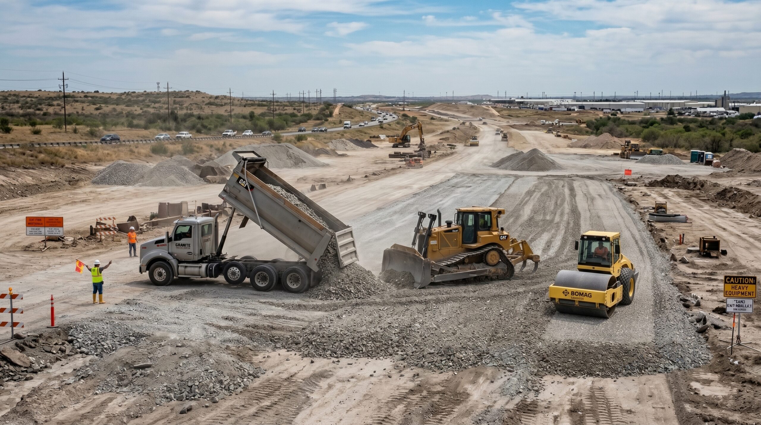 Crushed concrete in Texas being used as a road base material on a large construction project.